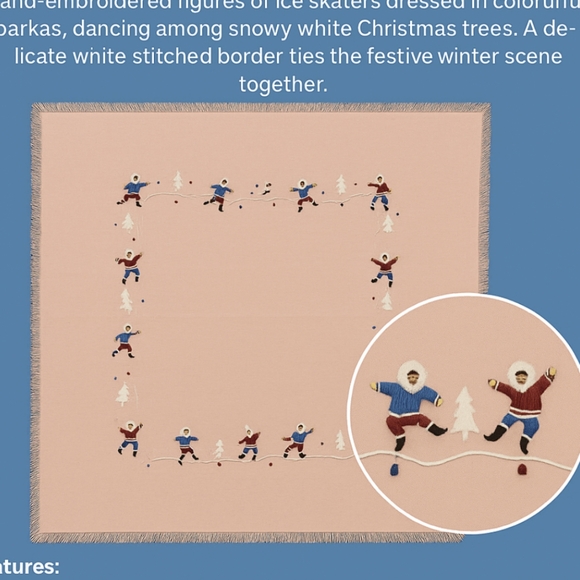 Unique Vintage Pink Christmas Tablecloth Decor 34" Embroidered Figures Signed - Picture 2 of 12